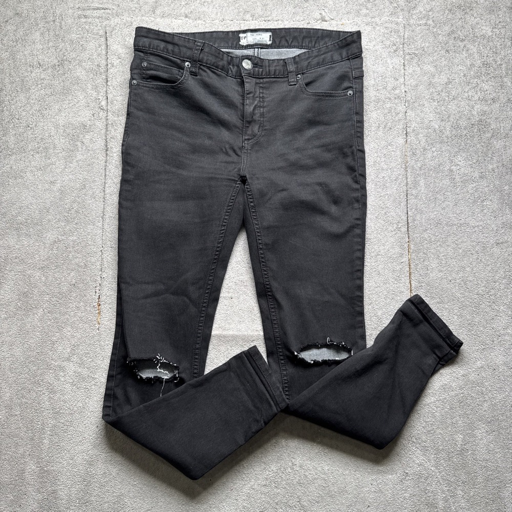 Free People Jeans 27 Black Distressed Skinny Mid Rise Denim Ripped Festival